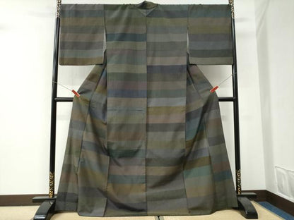 平和屋着物●上質なお召　横段文　ロング丈　正絹　逸品　CABI3169yc