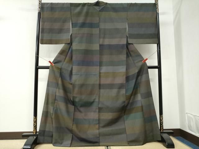平和屋着物●上質なお召　横段文　ロング丈　正絹　逸品　CABI3169yc
