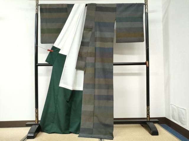 平和屋着物●上質なお召　横段文　ロング丈　正絹　逸品　CABI3169yc