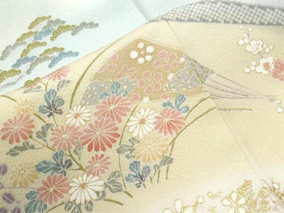 平和屋着物●訪問着　扇面吉祥草花文　暈し染め　金彩　正絹　逸品　CABI3171yc