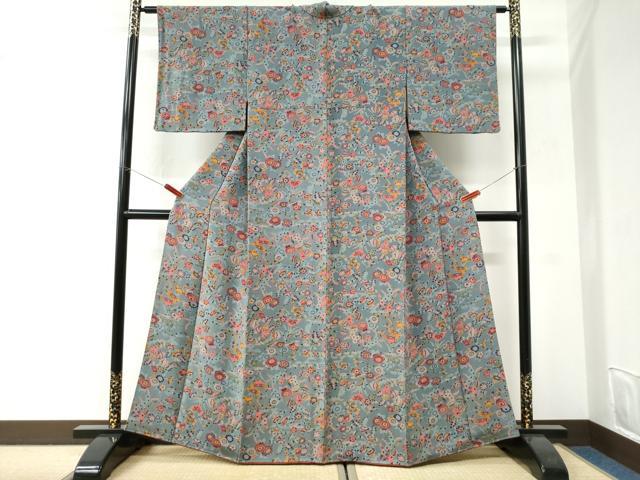 平和屋着物●上質な小紋　飛鶴草花文　鬼しぼ縮緬　正絹　逸品　CABI3173yc