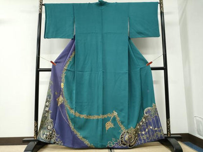 平和屋着物●螺鈿作家　甲斐泰造　訪問着　更紗花蝶唐草文　金彩　正絹　逸品　CABI3176yc