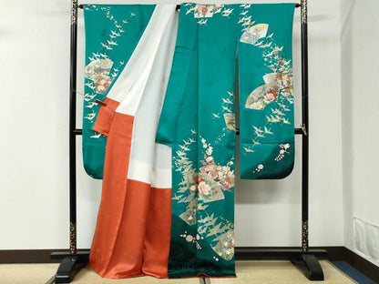 平和屋着物●豪華振袖　流水飛鶴地紙牡丹花文　金銀彩　正絹　逸品　CABI3177yc