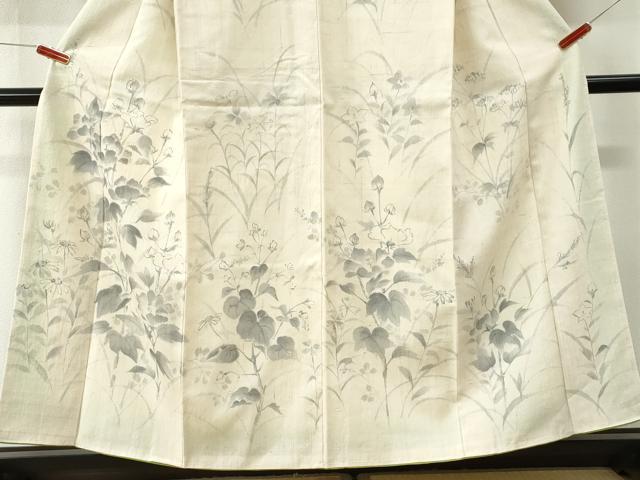 平和屋着物●訪問着　紬地　手描き　草花文　正絹　逸品　未使用　CABI3180yc