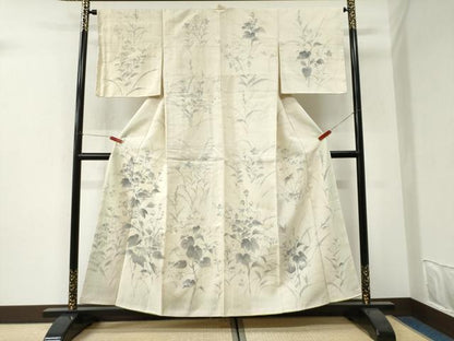 平和屋着物●訪問着　紬地　手描き　草花文　正絹　逸品　未使用　CABI3180yc