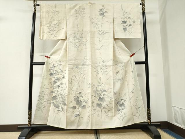 平和屋着物●訪問着　紬地　手描き　草花文　正絹　逸品　未使用　CABI3180yc