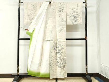 平和屋着物●訪問着　紬地　手描き　草花文　正絹　逸品　未使用　CABI3180yc