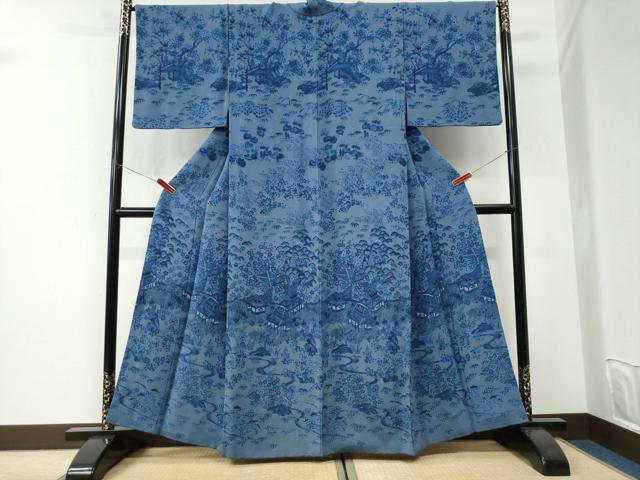 平和屋着物●訪問着　萬代草木染　聖玉染人　藍　松竹梅風景文　鬼しぼ縮緬　正絹　逸品　CABI3182yc