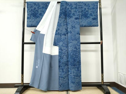 平和屋着物●訪問着　萬代草木染　聖玉染人　藍　松竹梅風景文　鬼しぼ縮緬　正絹　逸品　CABI3182yc