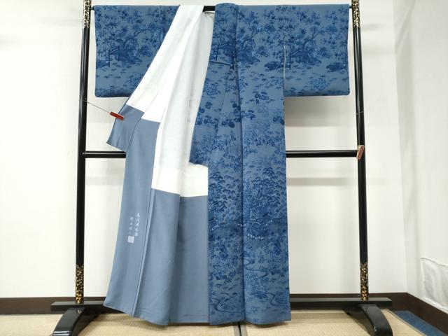 平和屋着物●訪問着　萬代草木染　聖玉染人　藍　松竹梅風景文　鬼しぼ縮緬　正絹　逸品　CABI3182yc
