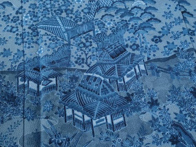 平和屋着物●訪問着　萬代草木染　聖玉染人　藍　松竹梅風景文　鬼しぼ縮緬　正絹　逸品　CABI3182yc