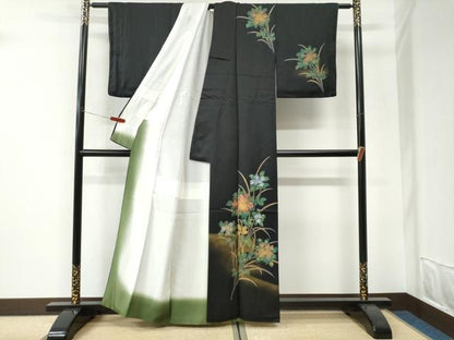 平和屋着物●訪問着　刺繍　草花文　暈し染め　黒地　金彩　正絹　逸品　CABI3183yc