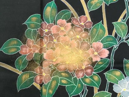 平和屋着物●訪問着　刺繍　草花文　暈し染め　黒地　金彩　正絹　逸品　CABI3183yc