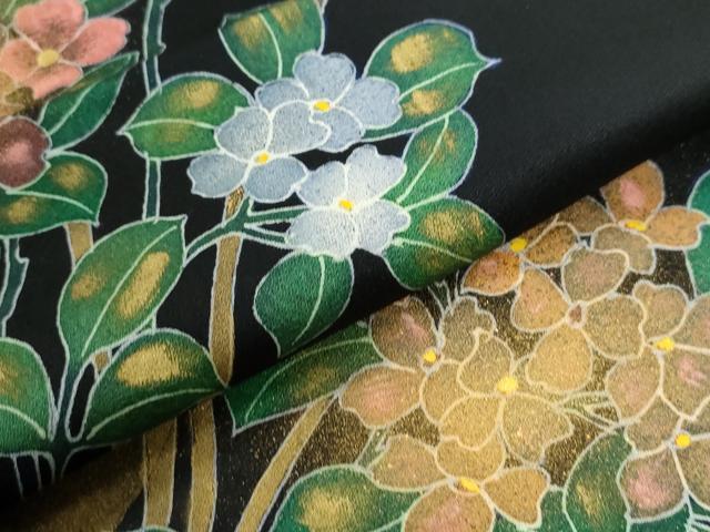 平和屋着物●訪問着　刺繍　草花文　暈し染め　黒地　金彩　正絹　逸品　CABI3183yc