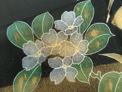 平和屋着物●訪問着　刺繍　草花文　暈し染め　黒地　金彩　正絹　逸品　CABI3183yc