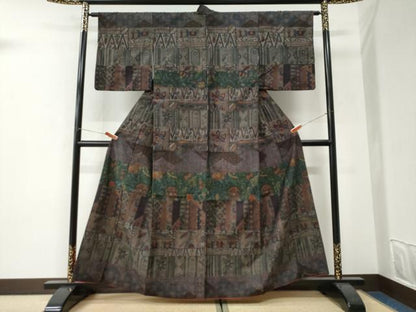 平和屋着物●訪問着　小千谷紬　横段更紗花文　正絹　逸品　CABI3190yc