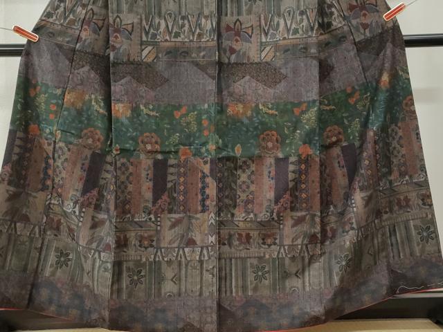 平和屋着物●訪問着　小千谷紬　横段更紗花文　正絹　逸品　CABI3190yc