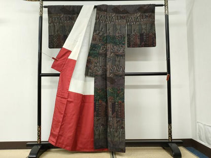 平和屋着物●訪問着　小千谷紬　横段更紗花文　正絹　逸品　CABI3190yc