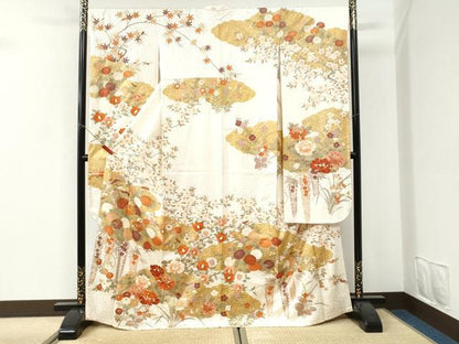 平和屋着物●豪華振袖　駒刺繍　雲取り牡丹菊花文　金彩　正絹　逸品　CABI3195yc