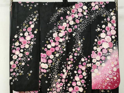 平和屋着物●豪華振袖 刺繍 百合草花文 ラメ糸 暈し染め 黒地 正絹 逸品 CABI3197yc
