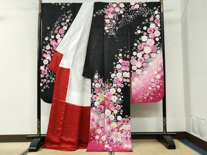 平和屋着物●豪華振袖 刺繍 百合草花文 ラメ糸 暈し染め 黒地 正絹 逸品 CABI3197yc