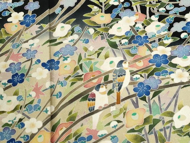 平和屋着物●本加賀友禅作家 百貫華峰 黒留袖 休み鳥枝花文 暈し染め 正絹 逸品 CABI3202yc