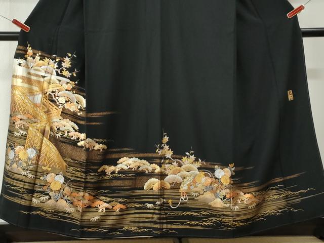 平和屋着物●金彩友禅　卓越技能者・名工・和田光正　黒留袖　霞松竹梅風景花文　金銀彩　正絹　逸品　CABI3203yc