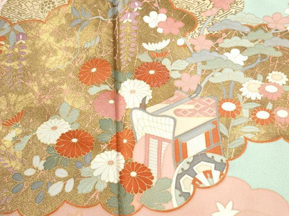平和屋着物●訪問着　雲重ね御所車片輪車吉祥花文　金彩　正絹　逸品　CABI3208yc