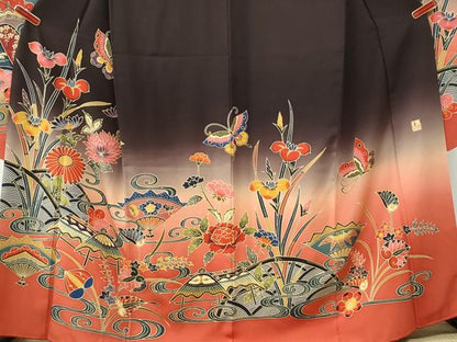 平和屋着物●手ざし京紅型染・宮崎紅型　宮崎良次　振袖　流水扇面葵花蝶文　暈し染め　正絹　逸品　CABI3209yc