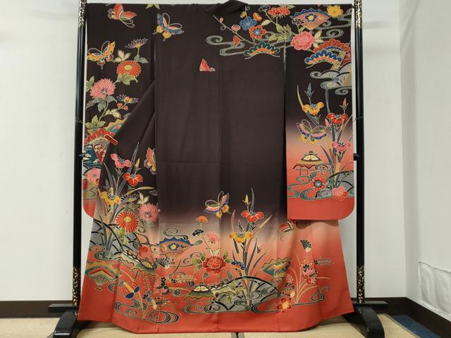 平和屋着物●手ざし京紅型染・宮崎紅型　宮崎良次　振袖　流水扇面葵花蝶文　暈し染め　正絹　逸品　CABI3209yc