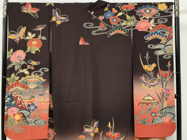 平和屋着物●手ざし京紅型染・宮崎紅型　宮崎良次　振袖　流水扇面葵花蝶文　暈し染め　正絹　逸品　CABI3209yc