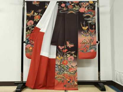 平和屋着物●手ざし京紅型染・宮崎紅型　宮崎良次　振袖　流水扇面葵花蝶文　暈し染め　正絹　逸品　CABI3209yc
