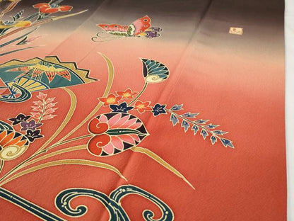 平和屋着物●手ざし京紅型染・宮崎紅型　宮崎良次　振袖　流水扇面葵花蝶文　暈し染め　正絹　逸品　CABI3209yc