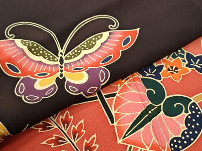 平和屋着物●手ざし京紅型染・宮崎紅型　宮崎良次　振袖　流水扇面葵花蝶文　暈し染め　正絹　逸品　CABI3209yc