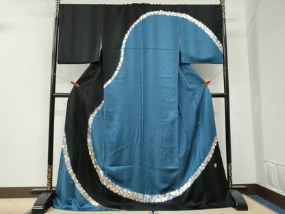 平和屋着物●金彩友禅作家　金彩の魔術師　堀省平　金煌織　訪問着　箔散らし　黒地　銀彩　ロング丈　正絹　逸品　CABI3212yc