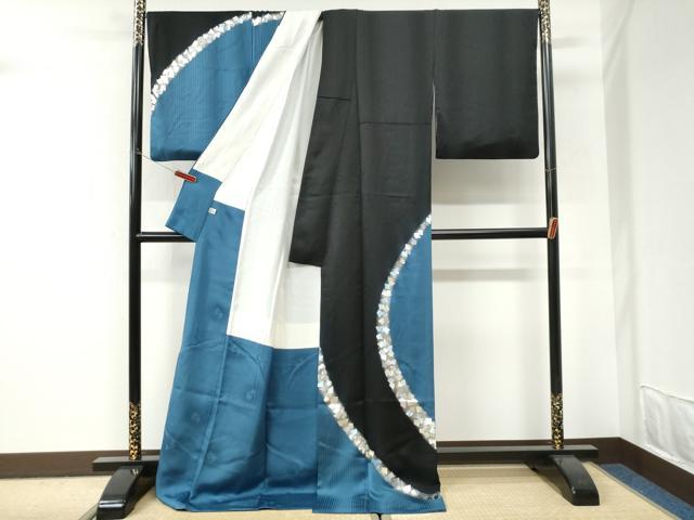 平和屋着物●金彩友禅作家　金彩の魔術師　堀省平　金煌織　訪問着　箔散らし　黒地　銀彩　ロング丈　正絹　逸品　CABI3212yc
