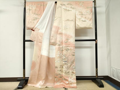 平和屋着物●訪問着　駒刺繍　浜松舟籬草花文　暈し染め　金彩　ロング丈　正絹　逸品　CABI3218yc