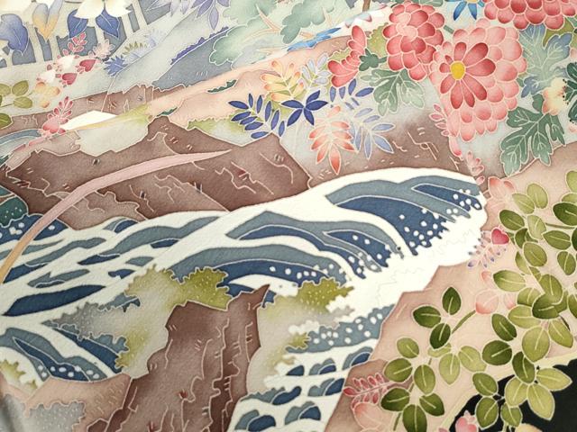 平和屋着物●本加賀友禅作家　浅野冨治男　黒留袖　水辺草花文　正絹　逸品　CABI3223yc