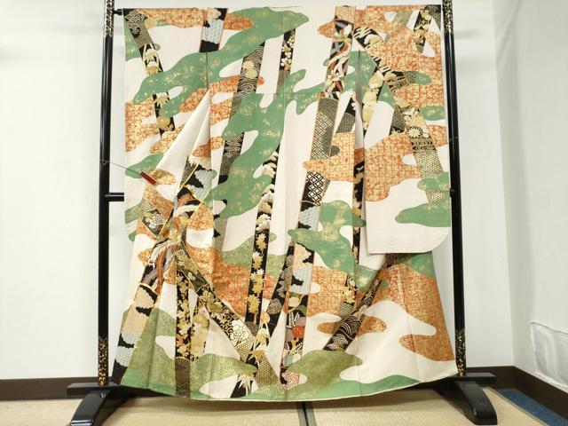 平和屋着物●豪華振袖　駒刺繍　竹並び鳳凰花唐草文　金彩　正絹　逸品　CABI3226yc