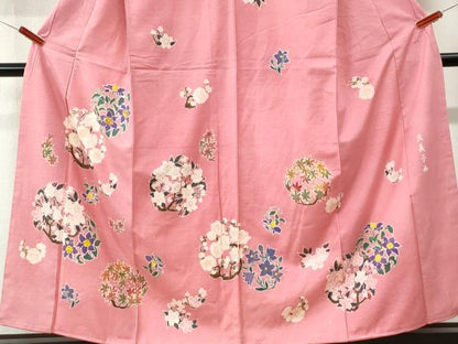 平和屋着物●訪問着　紬地　作家物　久美子画　手描き　草花丸文　正絹　逸品　未使用　CABI3229yc