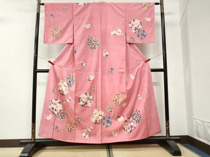 平和屋着物●訪問着　紬地　作家物　久美子画　手描き　草花丸文　正絹　逸品　未使用　CABI3229yc