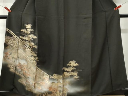 平和屋着物●訪問着　浜松草花文　暈し染め　黒地　金彩　正絹　逸品　CABI3253yc