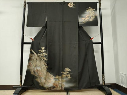 平和屋着物●訪問着　浜松草花文　暈し染め　黒地　金彩　正絹　逸品　CABI3253yc