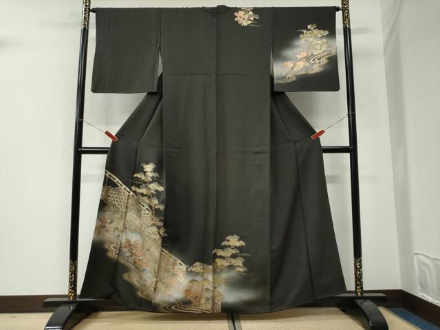 平和屋着物●訪問着　浜松草花文　暈し染め　黒地　金彩　正絹　逸品　CABI3253yc