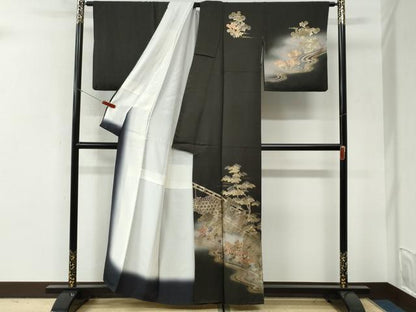 平和屋着物●訪問着　浜松草花文　暈し染め　黒地　金彩　正絹　逸品　CABI3253yc