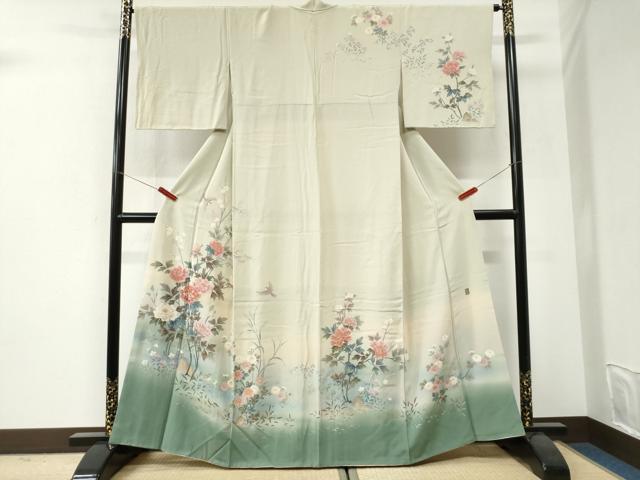 平和屋着物●十日町友禅作家　松雨　訪問着　牡丹花鳥文　暈し染め　金彩　正絹　逸品　CABI3257yc