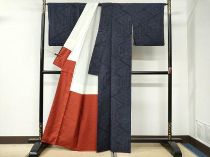 平和屋着物●結城紬　80亀甲　麻の葉吉祥唐草文　正絹　逸品　CABI3262yc