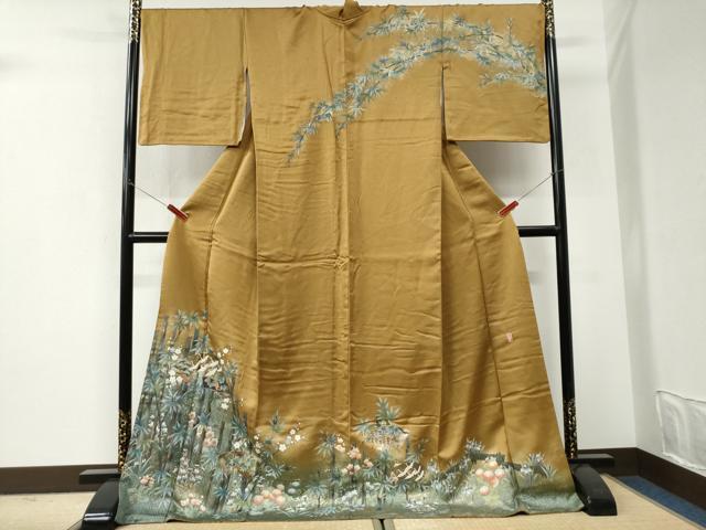 平和屋着物●越後十日町の一流染匠 桐屋・翠山工房 徳永憲峯 訪問着 竹並び地紙飛鶴草花文 暈し染め 金彩 ロング丈 正絹 逸品 CABI3269yc