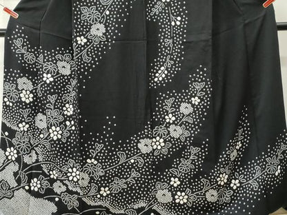 平和屋着物●訪問着　絞り　草花文　黒地　さが美扱い　正絹　逸品　CABI3273yc