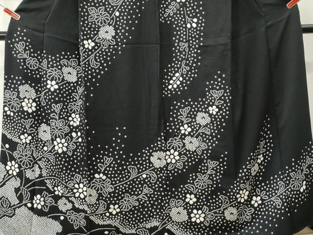 平和屋着物●訪問着　絞り　草花文　黒地　さが美扱い　正絹　逸品　CABI3273yc